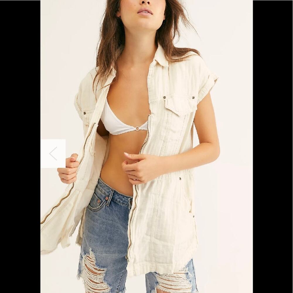 Free People We The Free Just Say When Zip Front Top Linen Blend Size XS